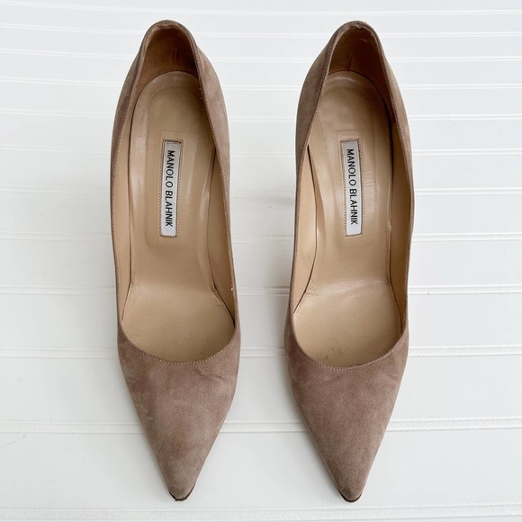 Manolo Blahnik BB Suede Pumps 105 Pointed Toe Taupe Tan Neutral Stiletto - Picture 3 of 13